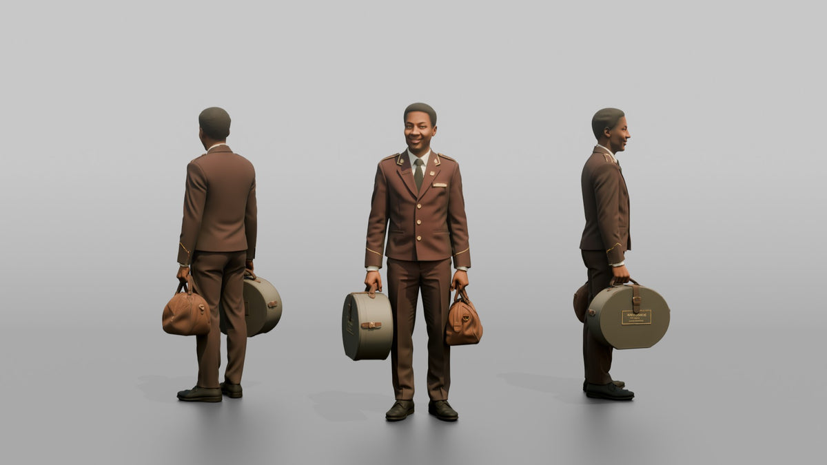 Bellhop Woman Carrying A Hat Box And A Small Bag - 3D character model, view 1