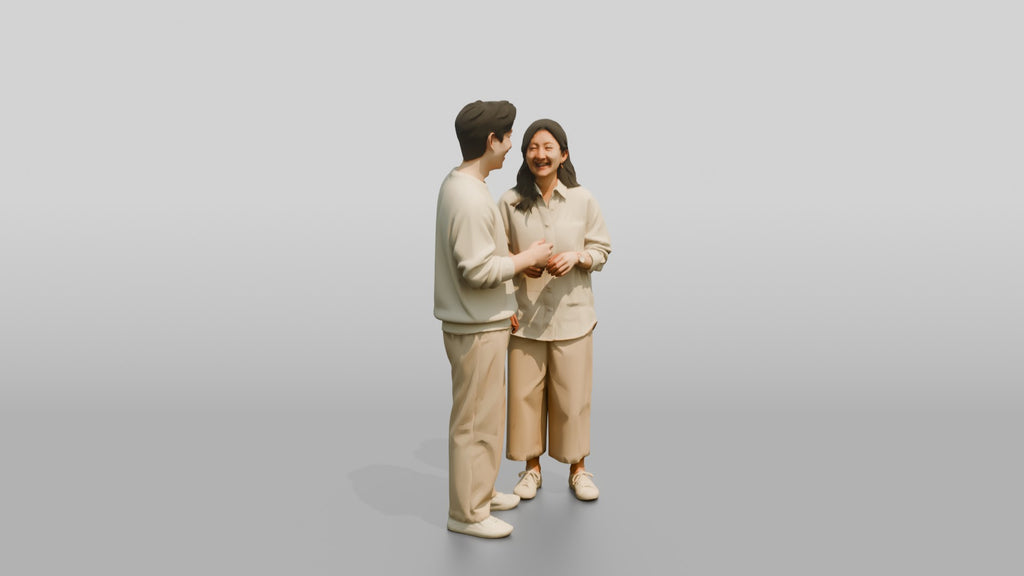 Laughing Couple in Coordinated Cream Outfits