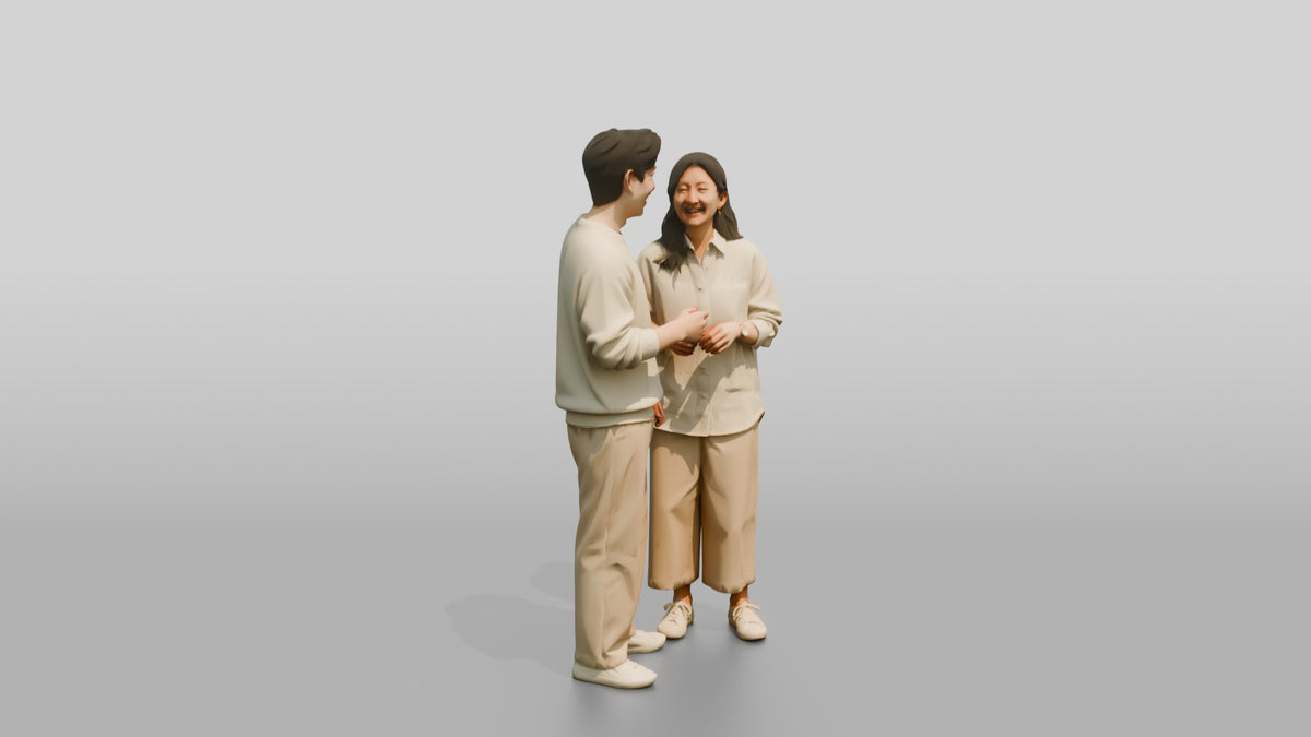 Laughing Couple in Coordinated Cream Outfits - 3D character model, view 2