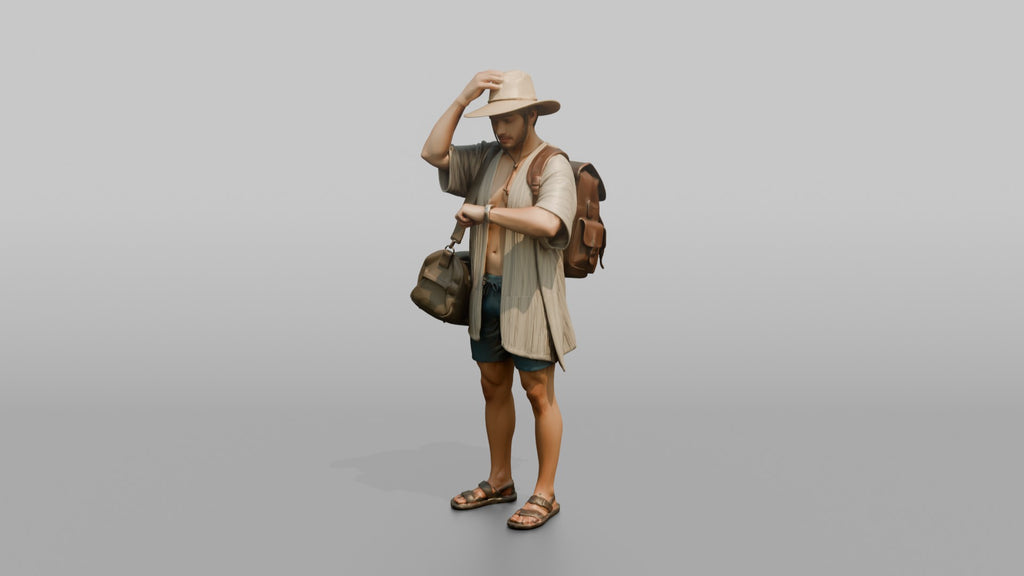 Traveler Adjusting His Sun Hat