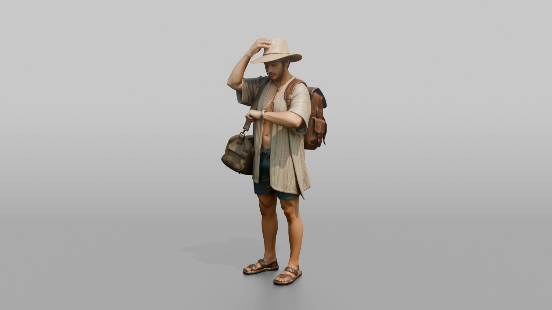 Traveler Adjusting His Sun Hat