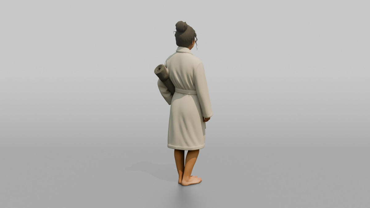 Spa Client Woman Standing Holding A Rolled Yoga Mat, Robe On - 3D character model, view 3