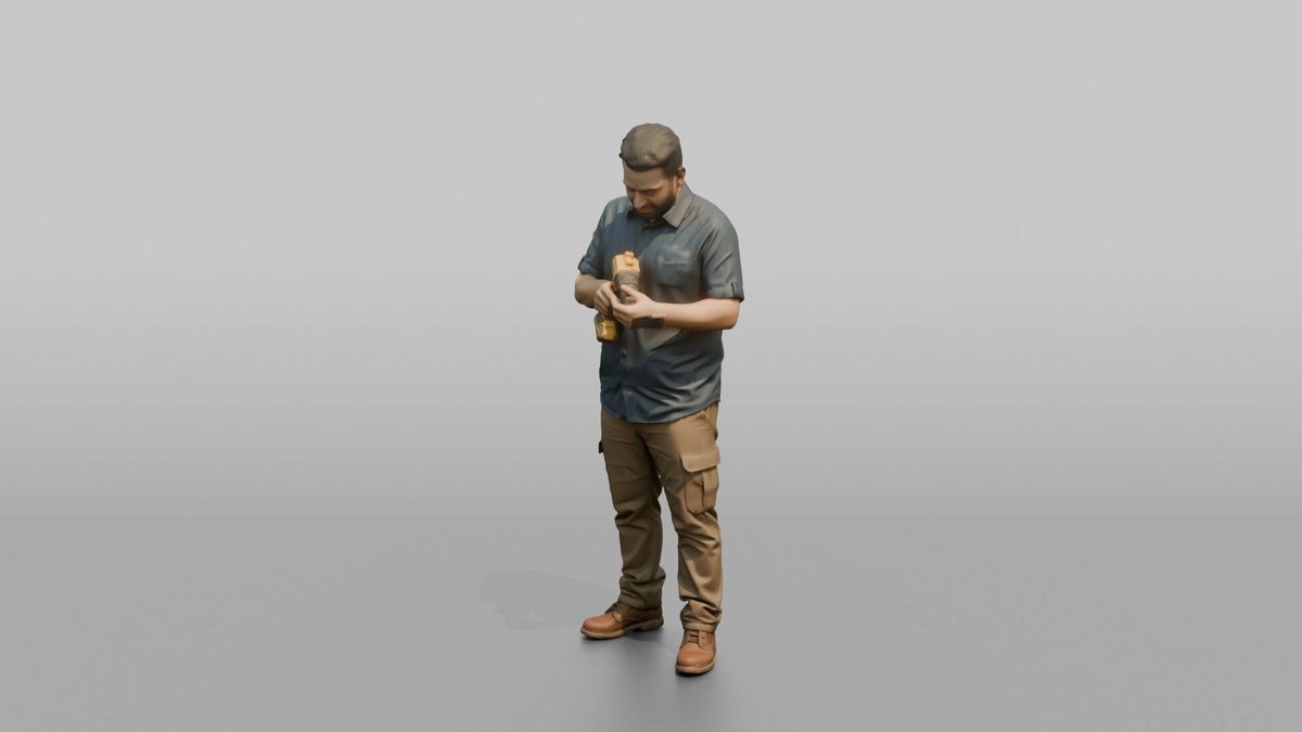 Father Holding A Power Drill, Examining It - 3D character model, view 4