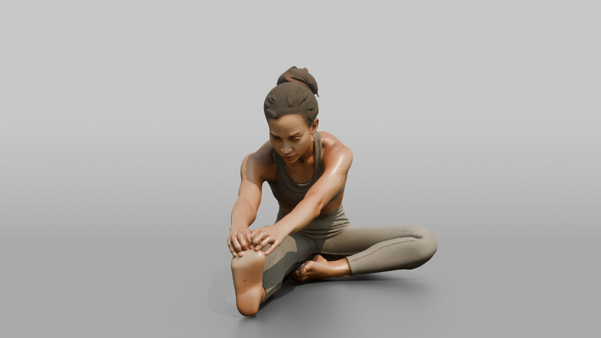 Fitness Influencer Woman Stretching One Leg Forward, Hands Reaching Toward The Foot - 3D character model
