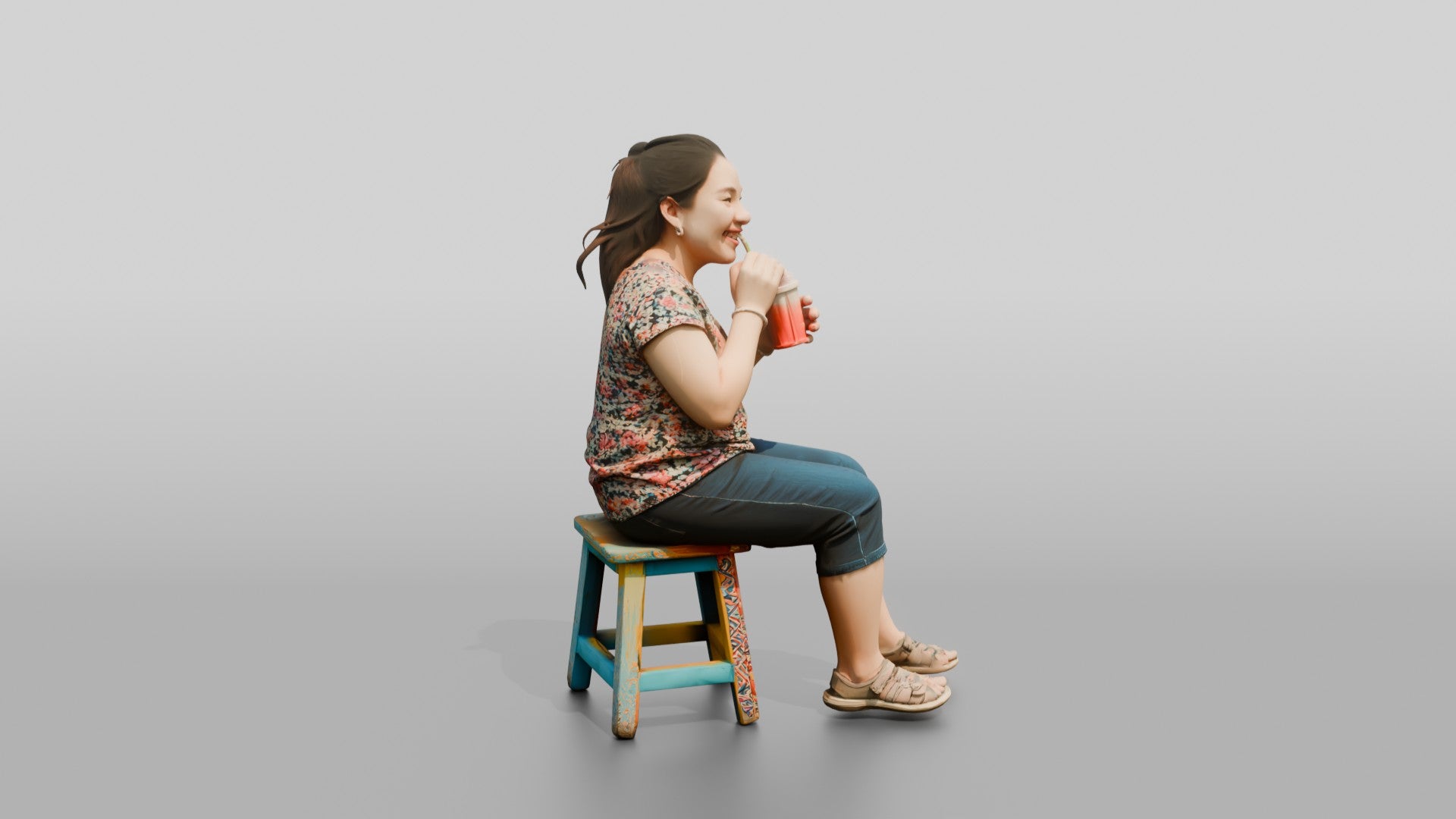 Chinese Woman Sitting on a Stool Drinking