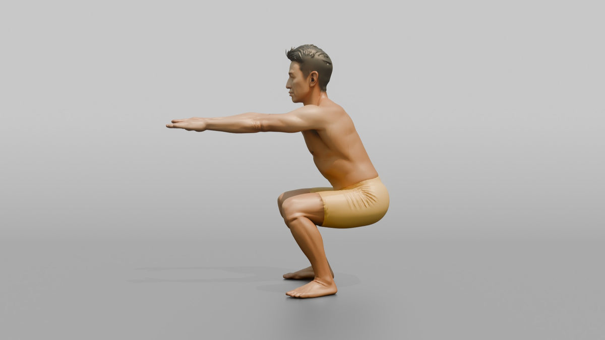 Bodyweight Athlete Man Doing A Bodyweight Squat, Arms Extended Forward - 3D character model, view 5