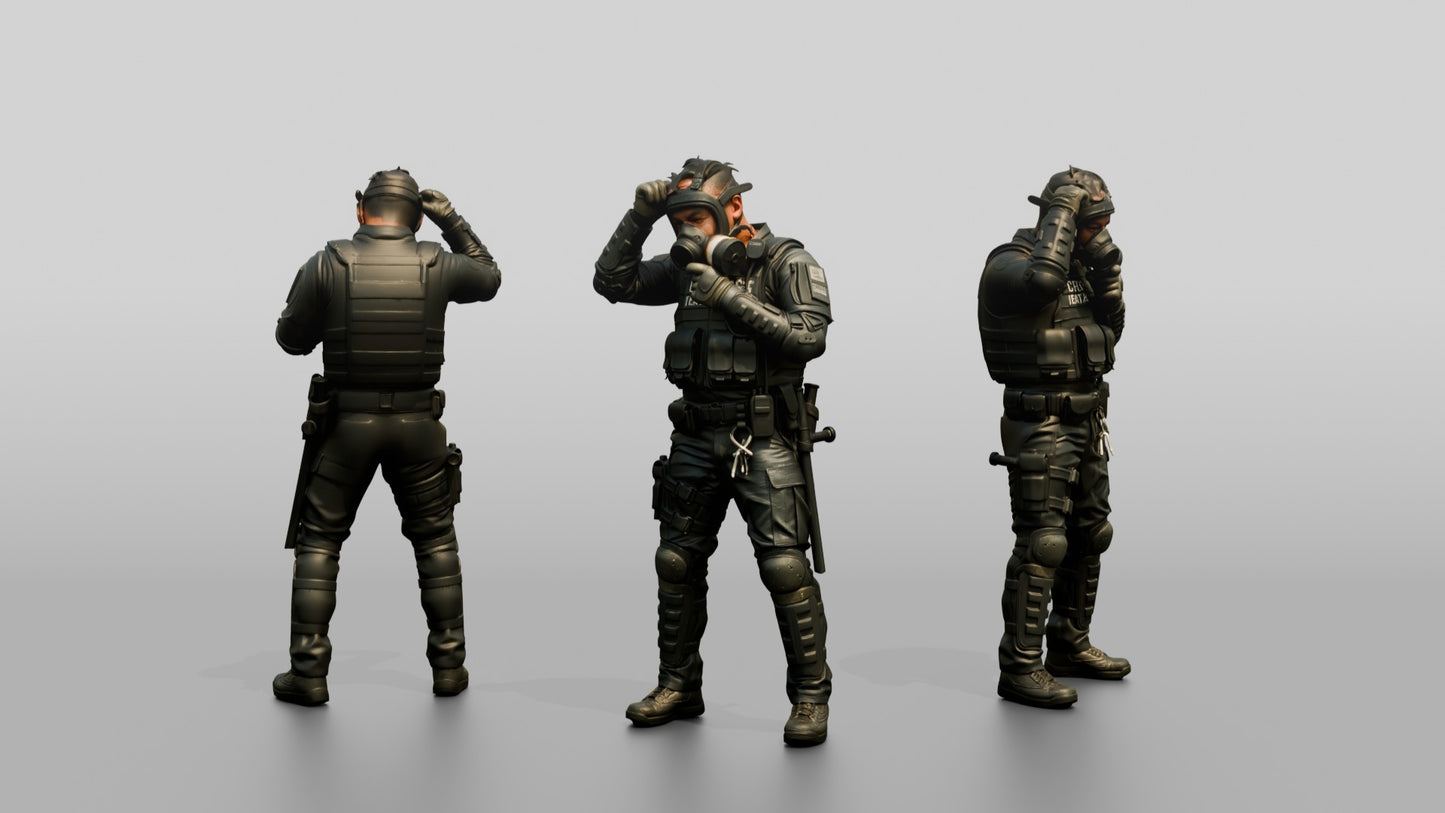 Riot Police Officer Adjusting Gear