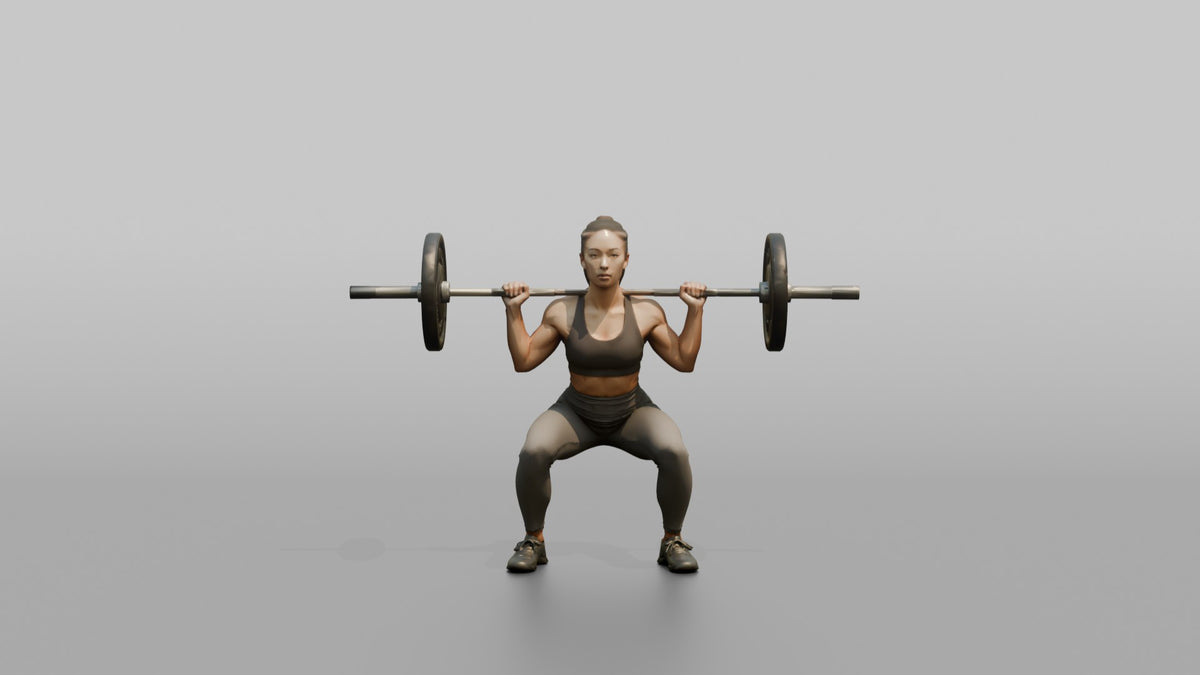 Weightlifter Woman Holding A Barbell Across The Shoulders In A Squat Stance - 3D character model, view 5