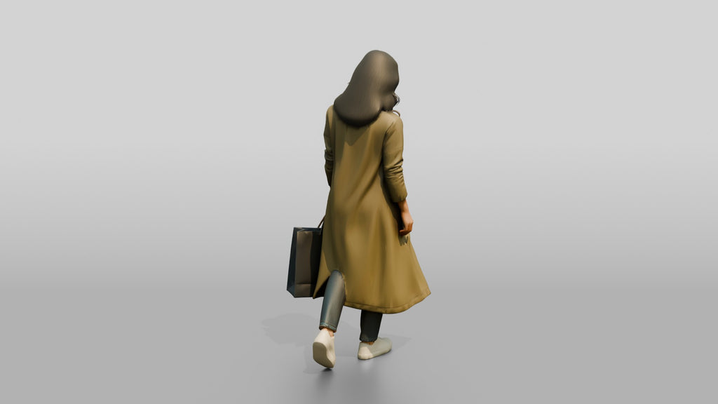 Woman in Long Olive Coat Walking with Luxury Shopping Bag