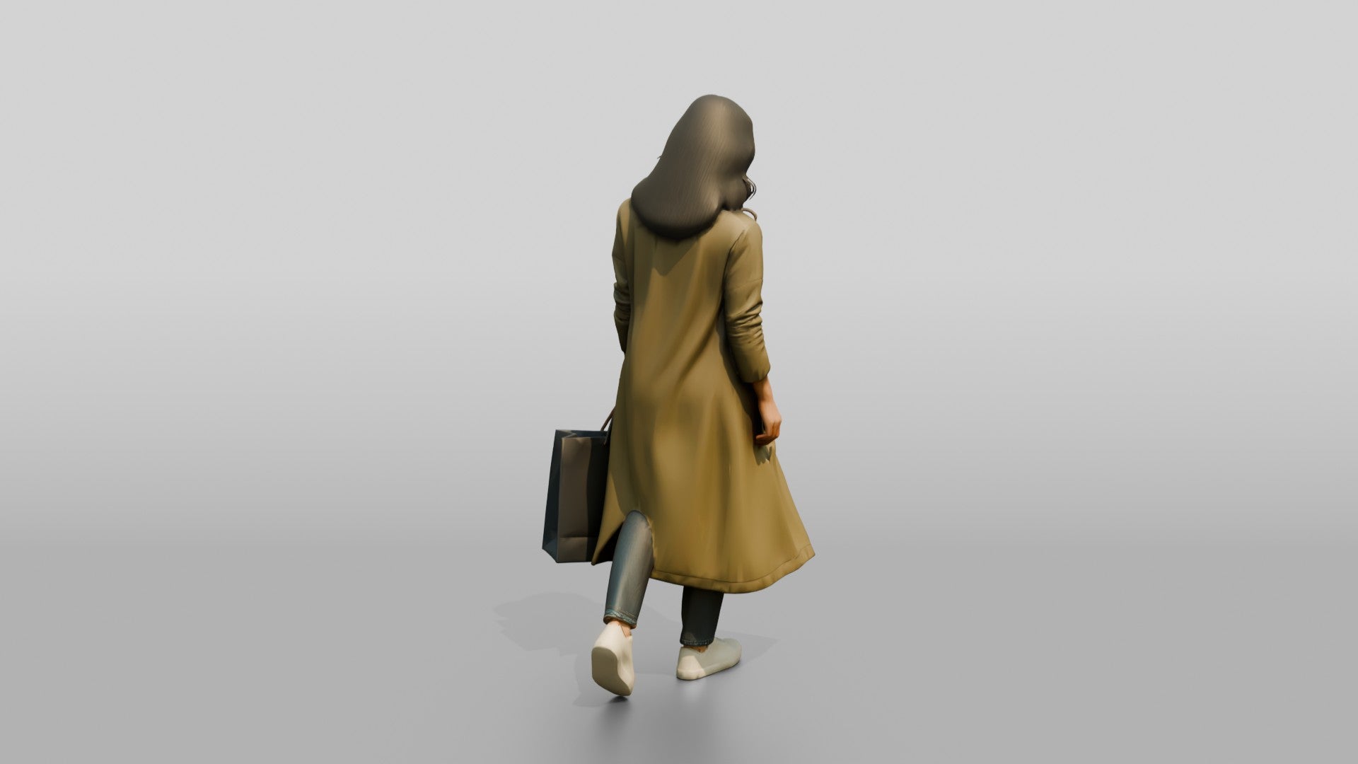 Woman in Long Olive Coat Walking with Luxury Shopping Bag