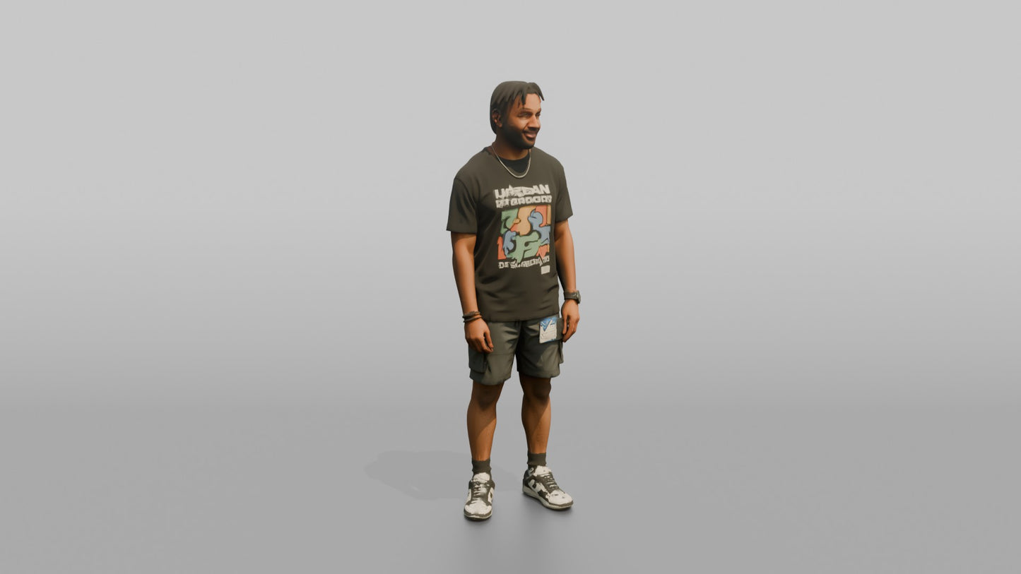Vacationer Wearing Trendy Streetwear Graphic Tee And Shorts