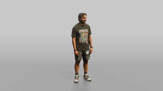 Vacationer Wearing Trendy Streetwear Graphic Tee And Shorts - 3D character model, view 1