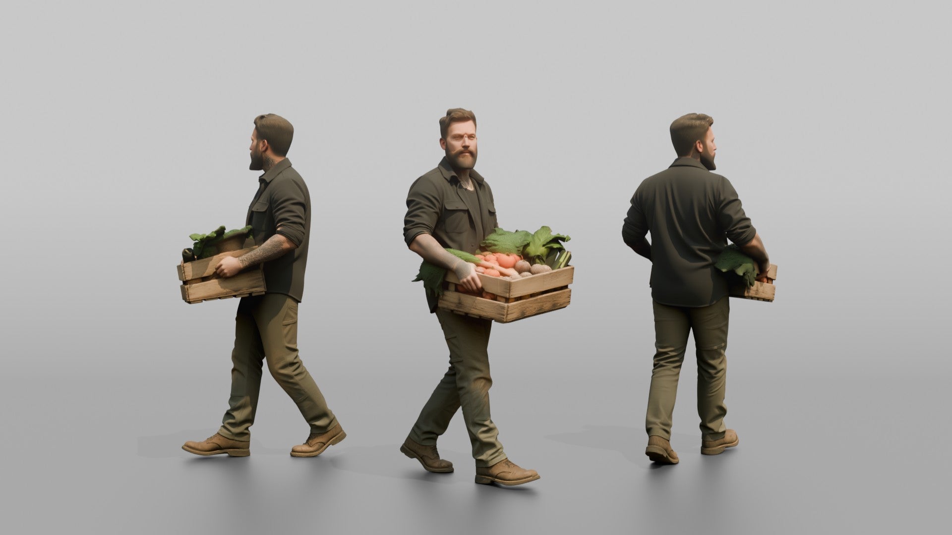 Farmer Carrying Wooden Crate Filled Harvested Organic