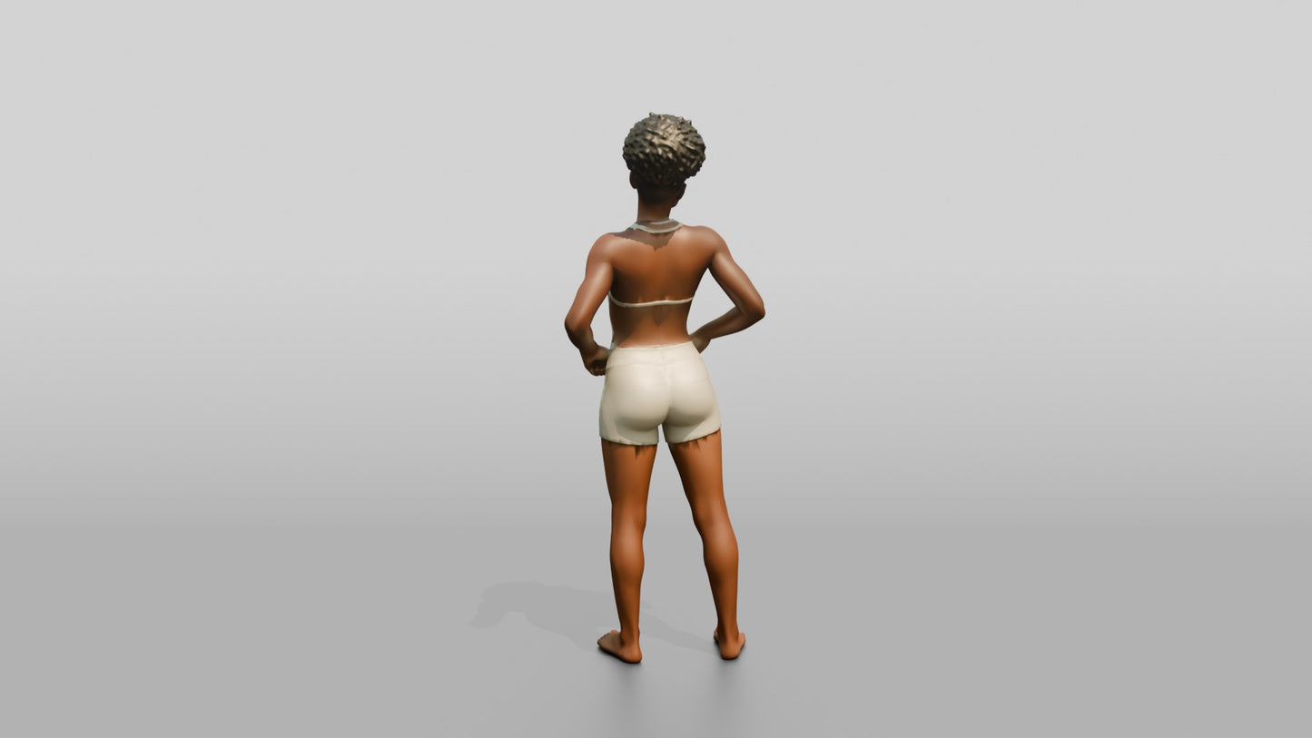 Black Woman in Cream Unitard with Hand on Hip