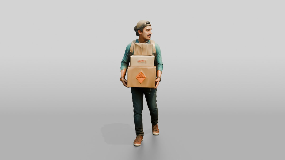 Man Carrying Stacked Boxes - 3D character model, view 1