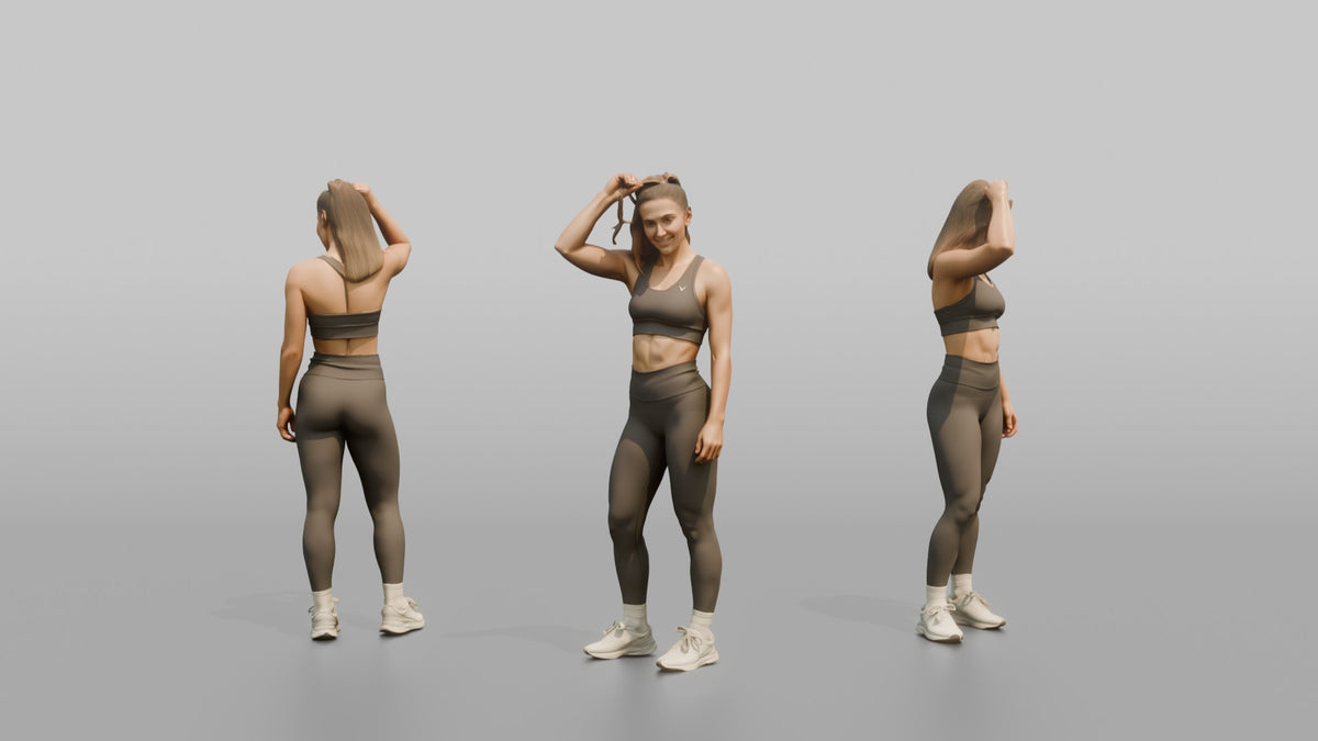 Fitness Influencer Woman Standing With One Hand Adjusting A High Ponytail - 3D character model, view 1