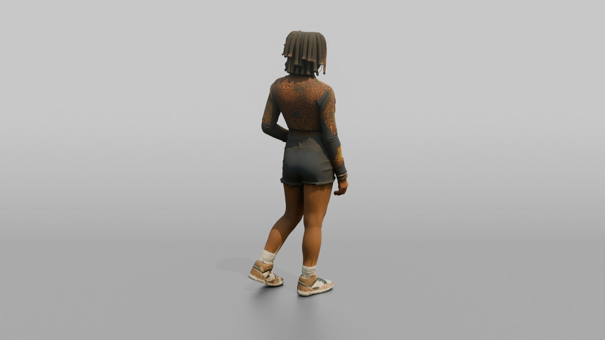 African Woman in Colorful Crop Top and Denim Shorts - 3D character model, view 3