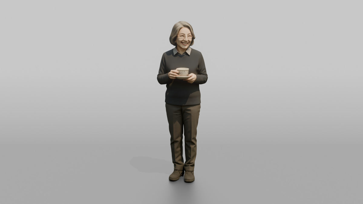 Grandmother Holding A Teacup And Saucer With Both Hands - 3D character model, view 5