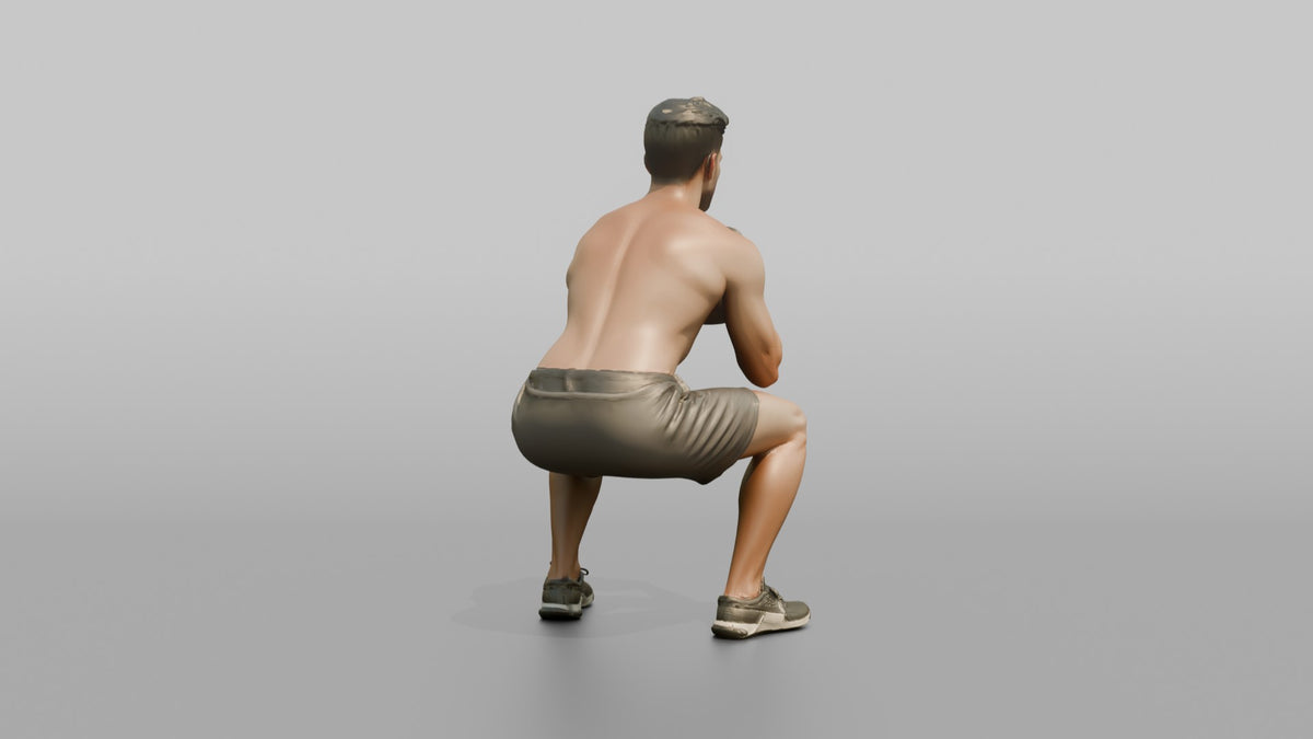 Weightlifter Man Holding A Kettlebell In A Goblet Squat Position - 3D character model, view 3