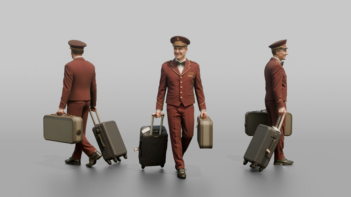 Bellhop Man Carrying Two Suitcases, One In Each Hand - 3D character model, view 1