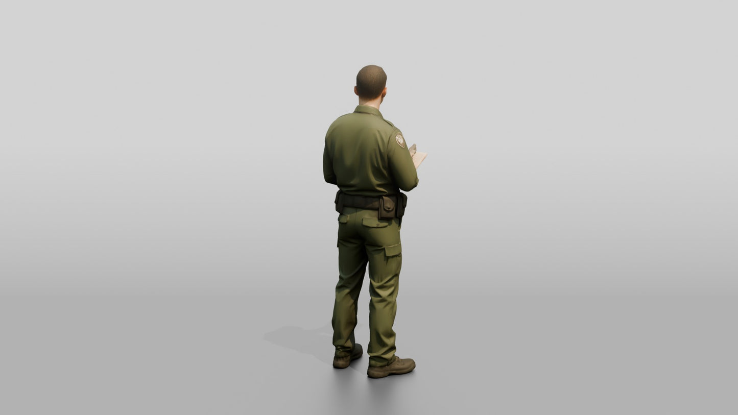 Caucasian Male Guard in a Dark Green Tactical Uniform