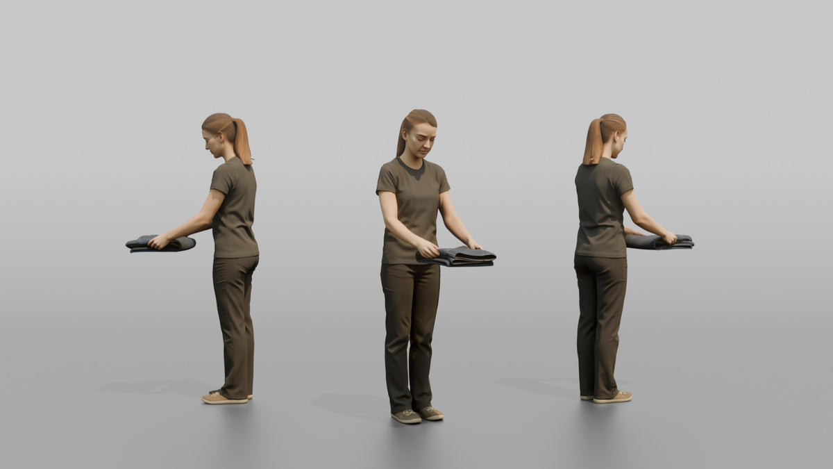 Woman Shop Assistant Folding A Pair Of Jeans - 3D character model, view 1