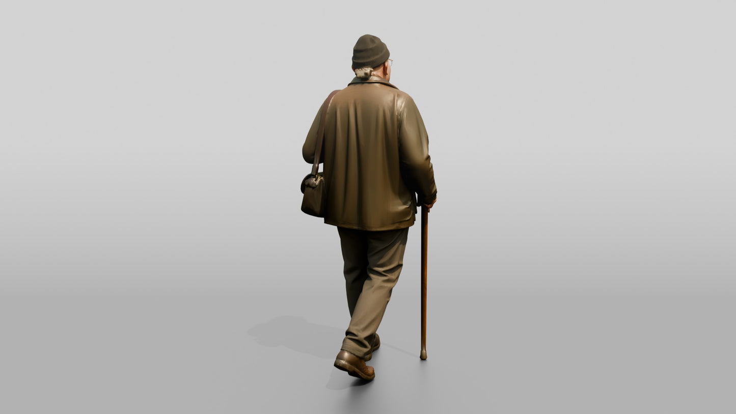 Elderly White Man in Waxed Jacket with Cane