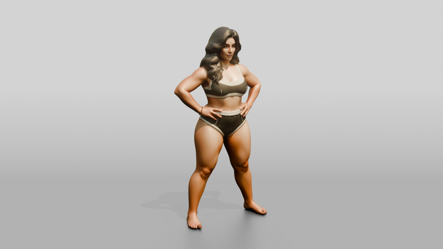 Curvy Woman in Taupe Two-Piece Swimsuit Wide Stance