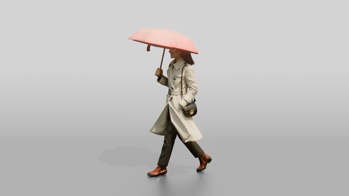 East Asian Woman in White Trench Coat with Red Umbrella