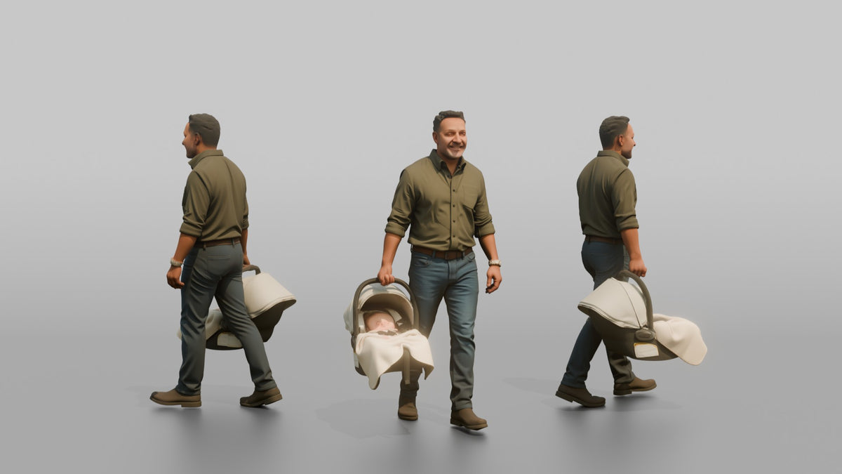 Father Carrying A Car Seat By Its Handle At His Side - 3D character model, view 1