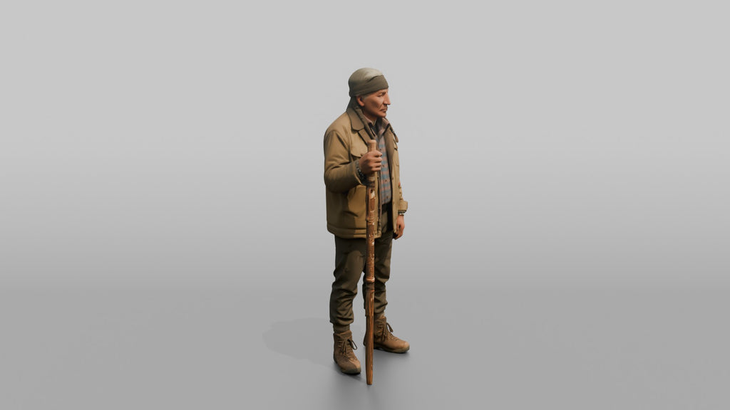 Hiker Holding a Carved Wooden Walking Stick