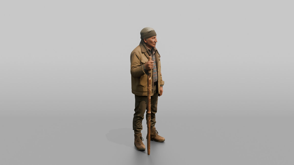 Hiker Holding a Carved Wooden Walking Stick - 3D character model, view 2