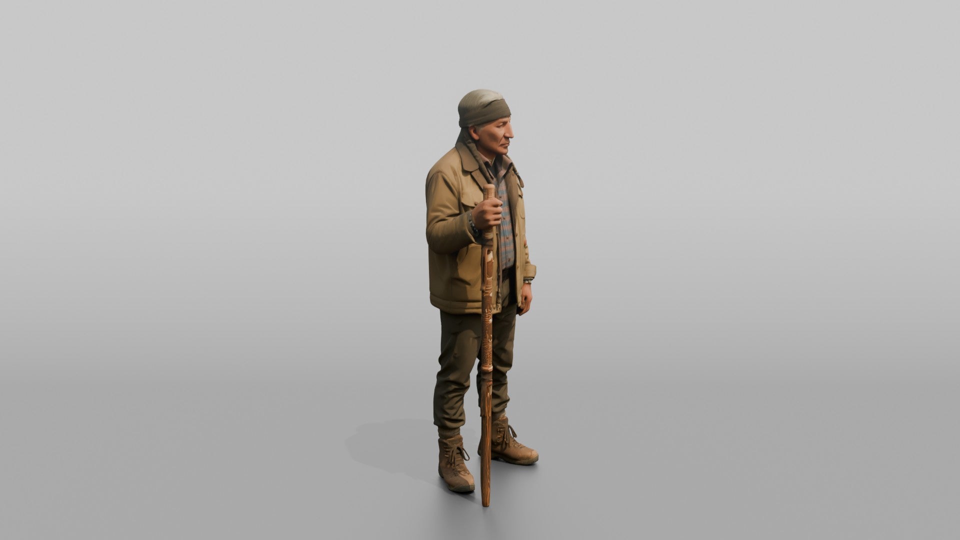 Hiker Holding a Carved Wooden Walking Stick