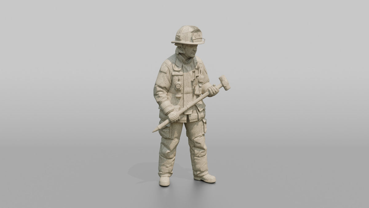 Firefighter Woman Holding a Glass-breaker Entry Tool - wireframe topology preview