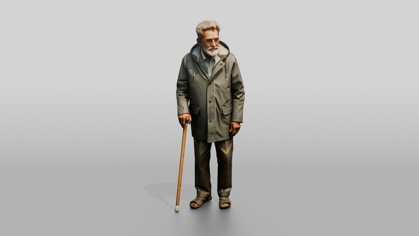 Elderly Indian Man in Grey Raincoat with Cane