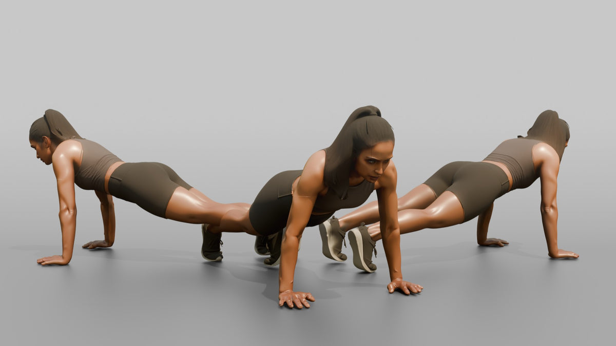 Fitness Influencer Woman Mid Push-up - 3D character model, view 1