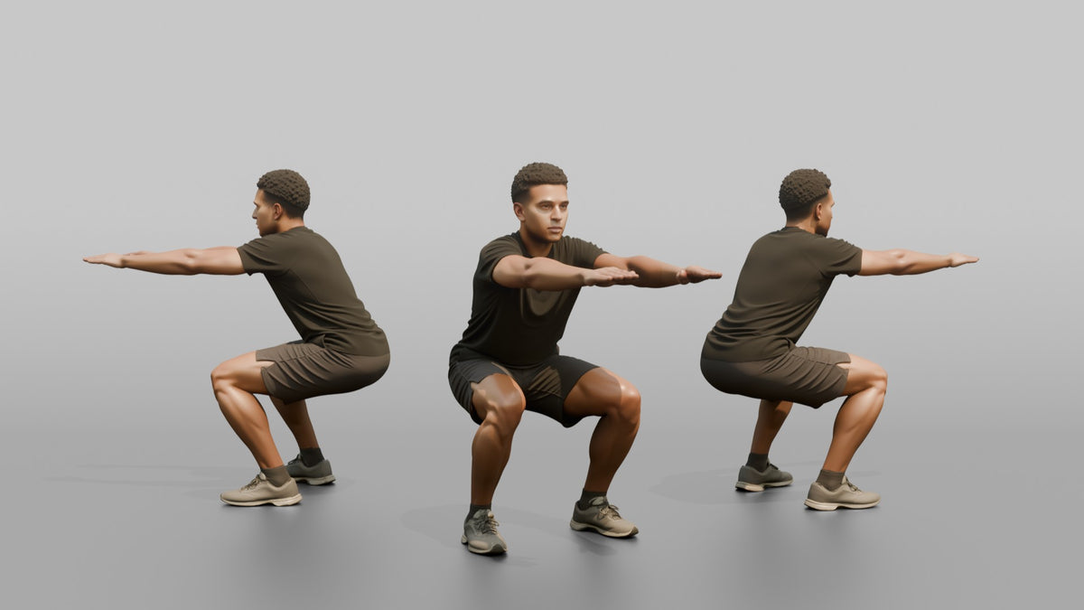 Bodyweight Athlete Man Doing A Bodyweight Squat, Arms Extended Forward - 3D character model, view 1