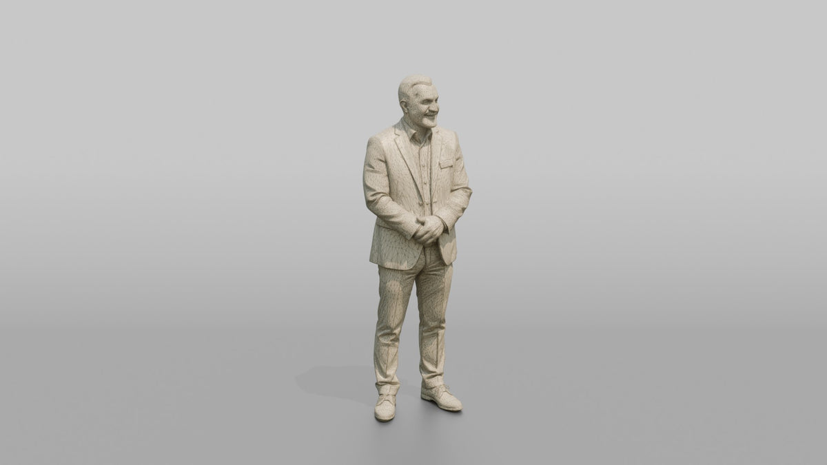 Host Man Standing With Hands Folded, Welcoming Posture - wireframe topology preview