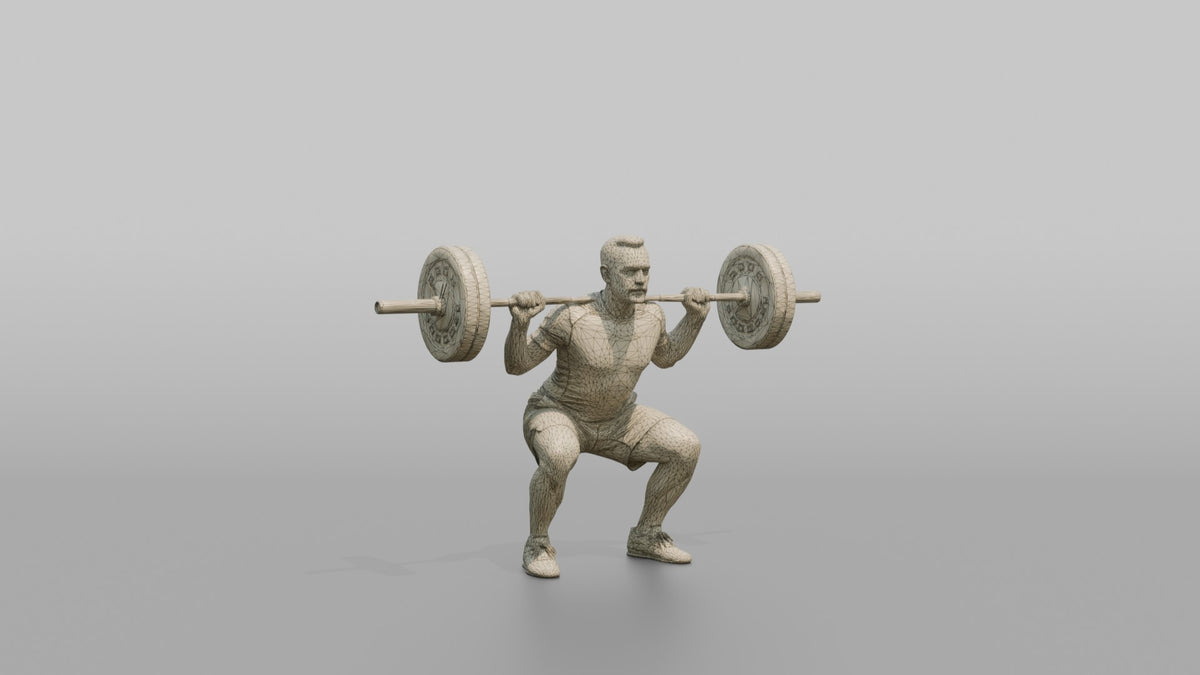 Weightlifter Man Holding A Barbell Across The Shoulders In A Squat Stance - wireframe topology preview
