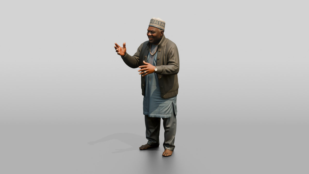 Elderly African Man in a Fula Hat Gesturing While Talking - 3D character model, view 4