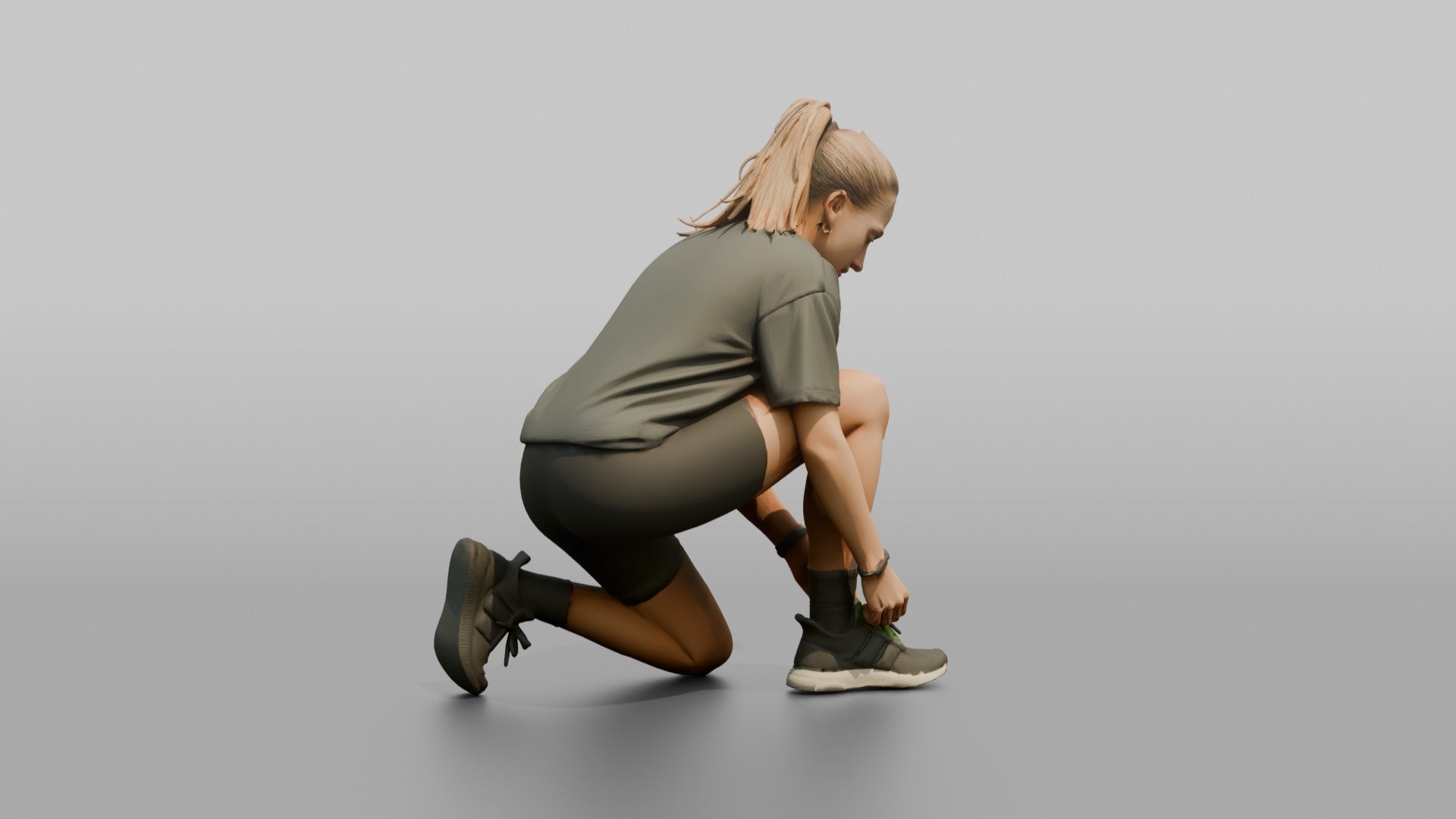 Woman Kneeling to Adjust Her Sneaker Laces