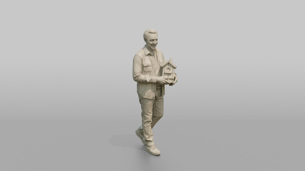 Grandfather Carrying A Small Wooden Birdhouse In Both Hands - wireframe topology preview