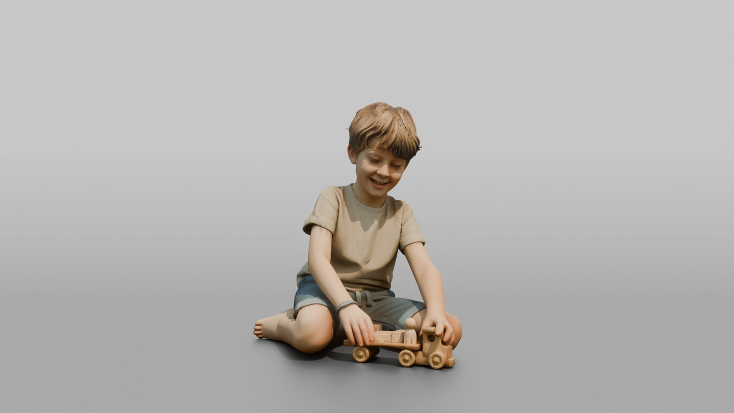 Boy Kneeling and Playing with a Wooden Toy