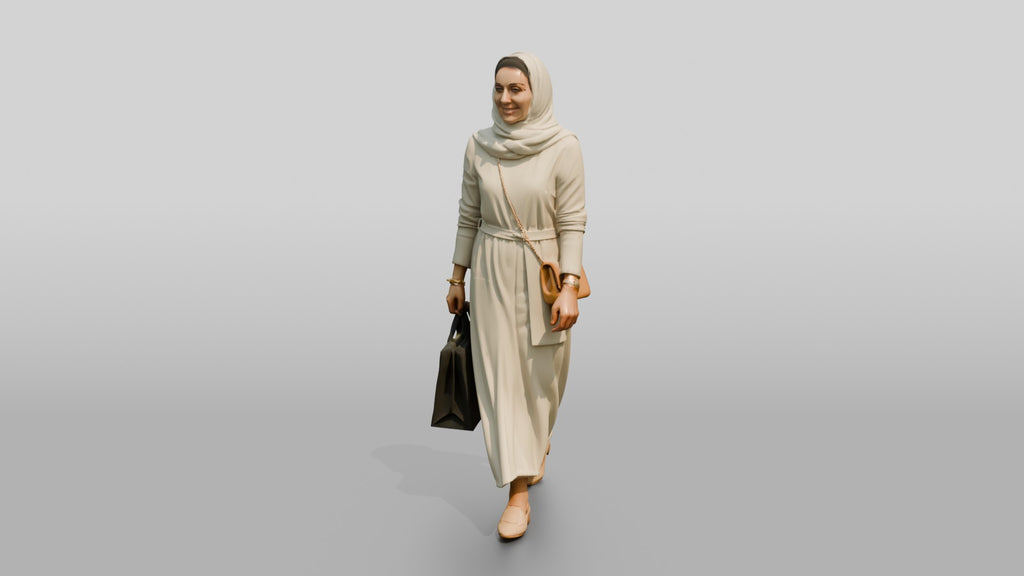 Slender Middle-Aged Saudi Woman in Hijab and Linen Dress