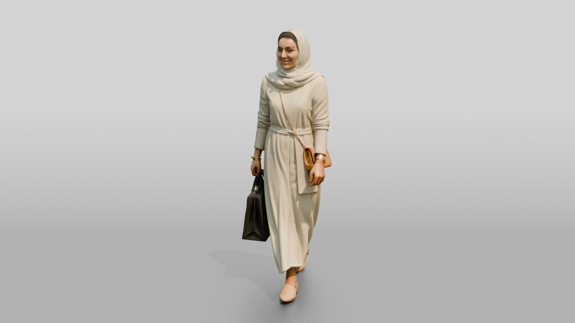 Slender Middle-Aged Saudi Woman in Hijab and Linen Dress