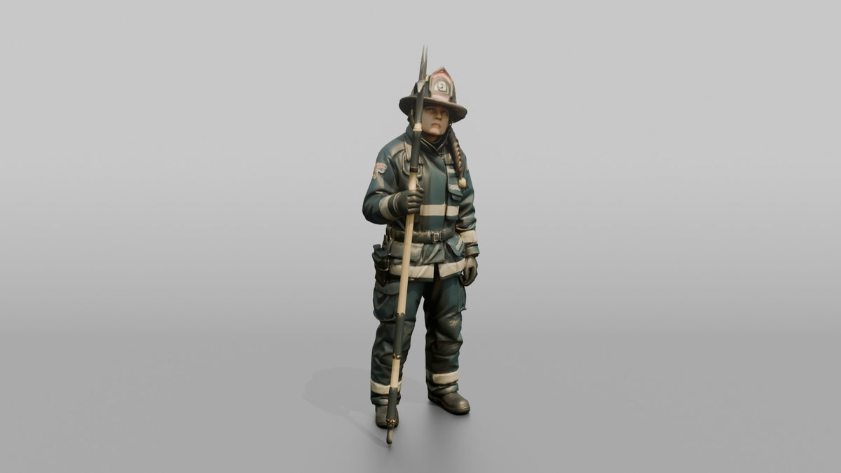 Firefighter Woman Scanning Overhead While Holding a Pike Pole - 3D character model, view 1