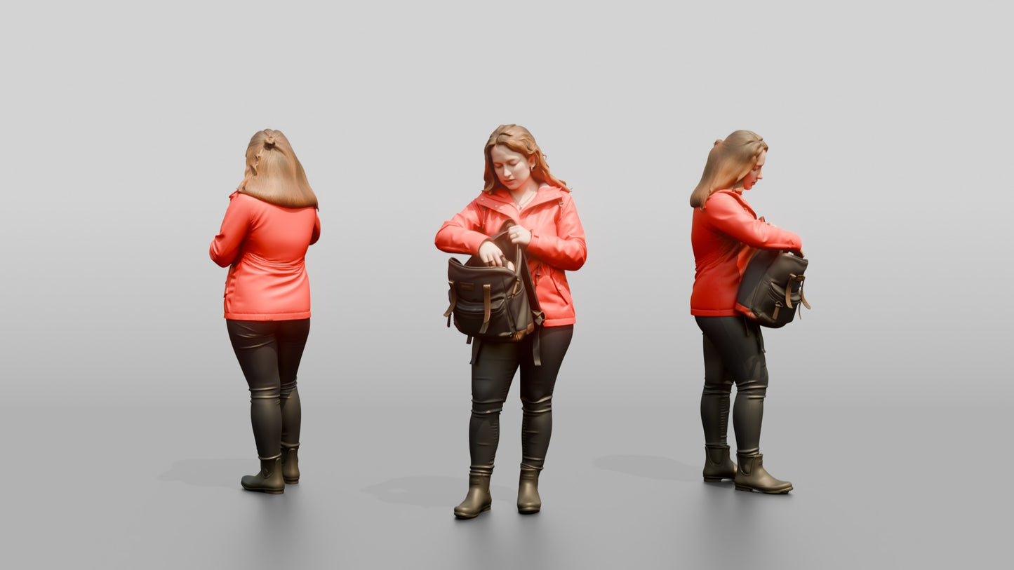 White Woman in Red Jacket Looking for Keys