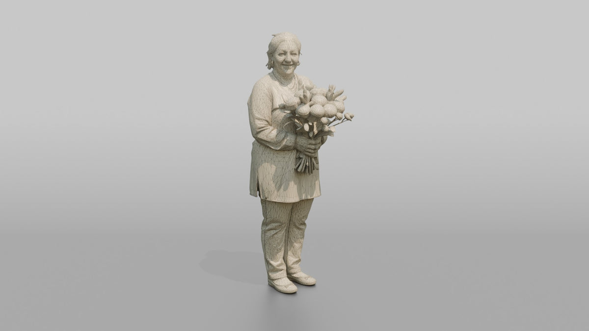 Mother Holding A Bouquet Of Flowers With Both Hands - wireframe topology preview