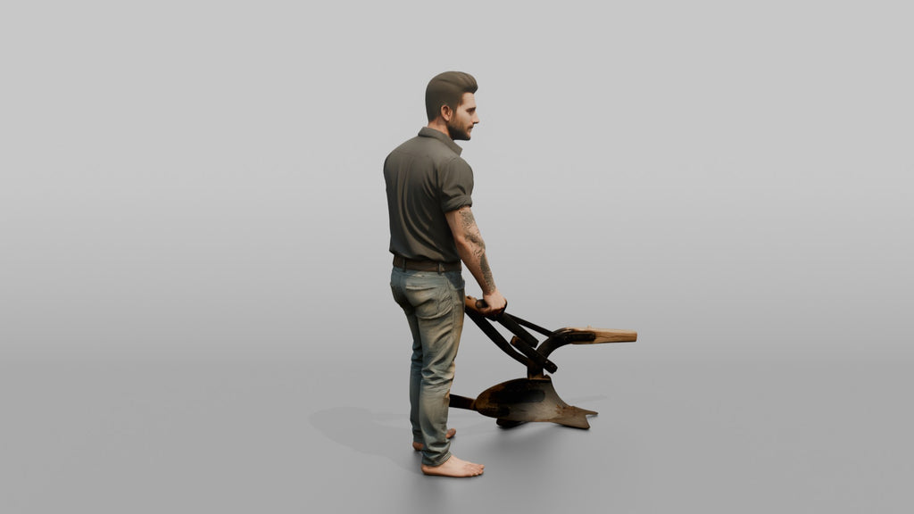 Farmer Holding Traditional Iron Hand Plow