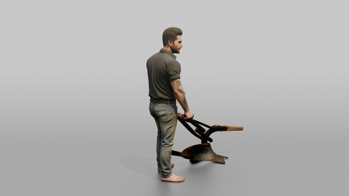 Farmer Holding Traditional Iron Hand Plow - 3D character model, view 2